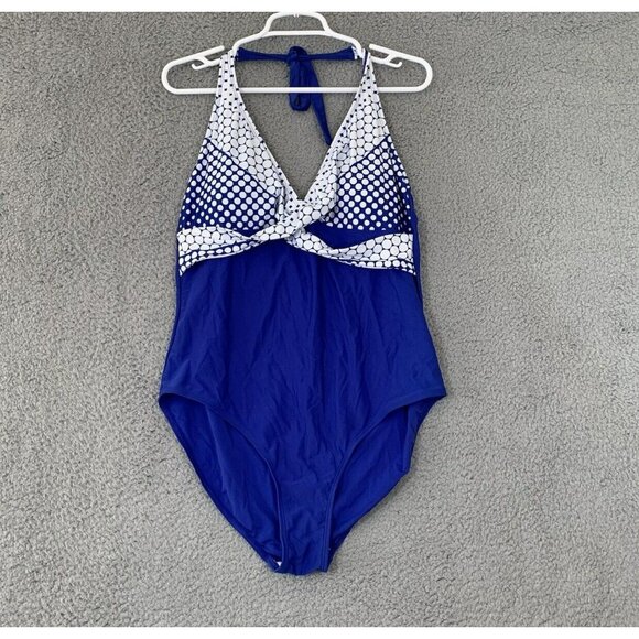 Women's Blue Polka Dot Halter One Piece Swimsuit Retro Color Block XL - Picture 1 of 6